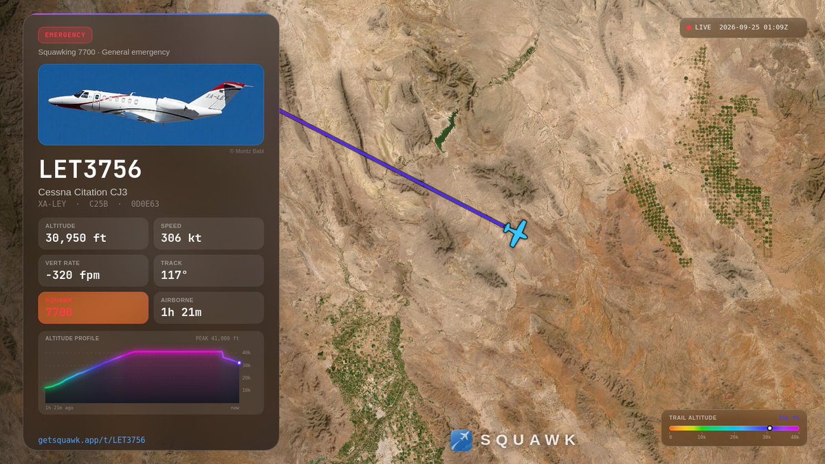 UseSquawk's tweet photo. 🚨 A CESSNA 525B Citation CJ3 (LET3756) is squawking 7700 — declaring an emergency at 30,950 ft over Texas. https://t.co/agcWAOtDuR