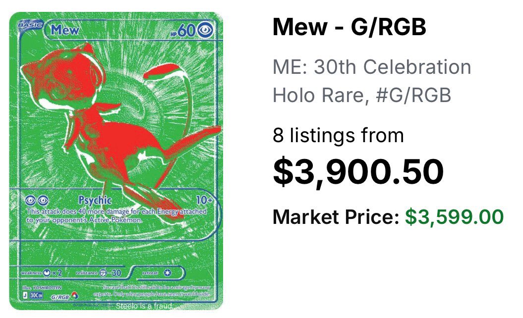 LordCharizard33's tweet photo. BREAKING NEWS! 

THE FIRST RGB MEW HAS BEEN SOLD ON TCG PLAYER!  

CURRENT MARKET PRICE FOR THE RGB MEW (green) IS $3600! https://t.co/KsoZy2YjAf