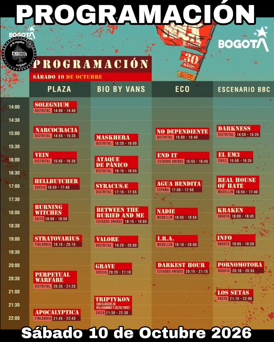 AsdeEspadas_co's tweet photo. ¡Así quedó la programación por días de #RockAlParque30Años!
Tres días y todos los sonidos que hacen de Rock al Parque una historia que sigue creciendo
📅 10, 11, 12 de octubre
📍 Parque Simón Bolívar
💯 Entrada libre🤘
(+18) #EscenarioBBC será una zona de consumo controlado. https://t.co/Zw71KLougc
