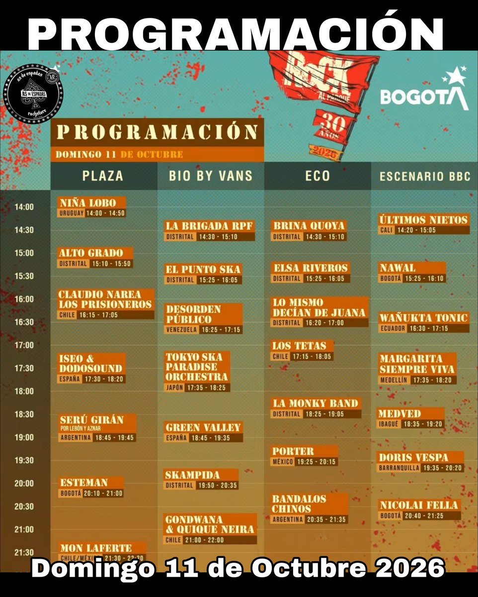 AsdeEspadas_co's tweet photo. ¡Así quedó la programación por días de #RockAlParque30Años!
Tres días y todos los sonidos que hacen de Rock al Parque una historia que sigue creciendo
📅 10, 11, 12 de octubre
📍 Parque Simón Bolívar
💯 Entrada libre🤘
(+18) #EscenarioBBC será una zona de consumo controlado. https://t.co/Zw71KLougc