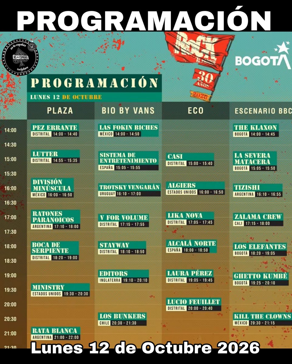 AsdeEspadas_co's tweet photo. ¡Así quedó la programación por días de #RockAlParque30Años!
Tres días y todos los sonidos que hacen de Rock al Parque una historia que sigue creciendo
📅 10, 11, 12 de octubre
📍 Parque Simón Bolívar
💯 Entrada libre🤘
(+18) #EscenarioBBC será una zona de consumo controlado. https://t.co/Zw71KLougc