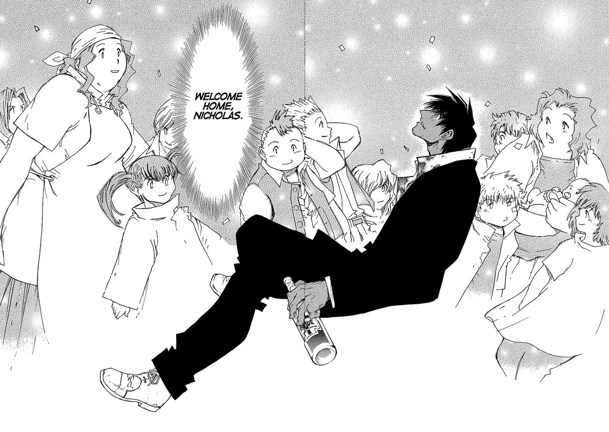 en_stama's tweet photo. @Patocuakojuaco yes! the confetti symbolized the fact that he was recognized as “nicholas” by the orphanage children, while he had feared being unrecognizable due to the blood on his hands.

wolfwood had tried to change, but still believed he was irredeemable, until this moment. baptism! https://t.co/09SFuAYOk2