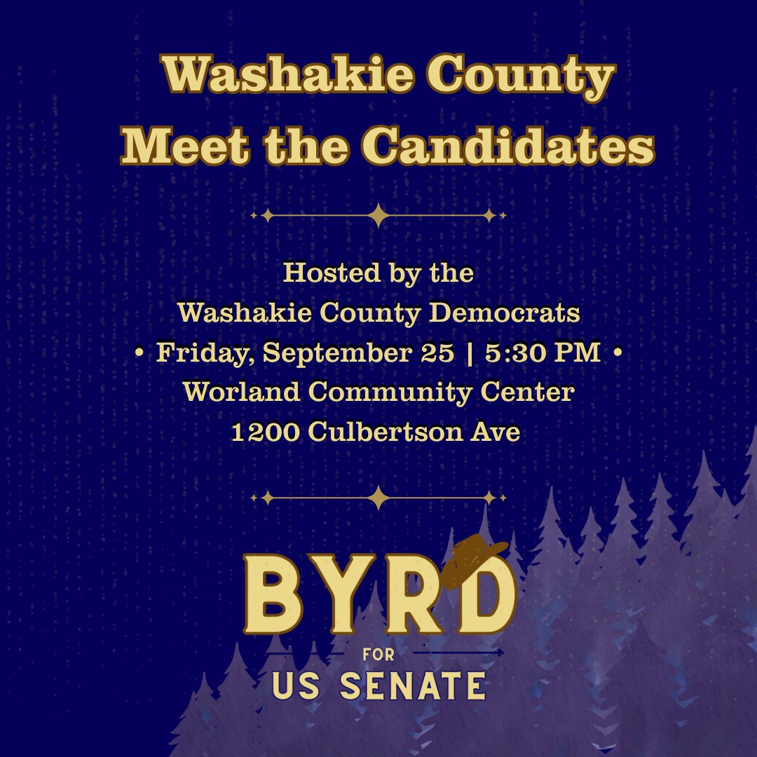 ByrdforSenate's tweet photo. Worland, come talk with me. Meet the Candidates — Fri, Sept 25, 5:30 PM, Worland Community Center. Public lands, rural health care, real answers. Bring your questions. 🤠 

#ByrdForSenate https://t.co/mWN10lRVID