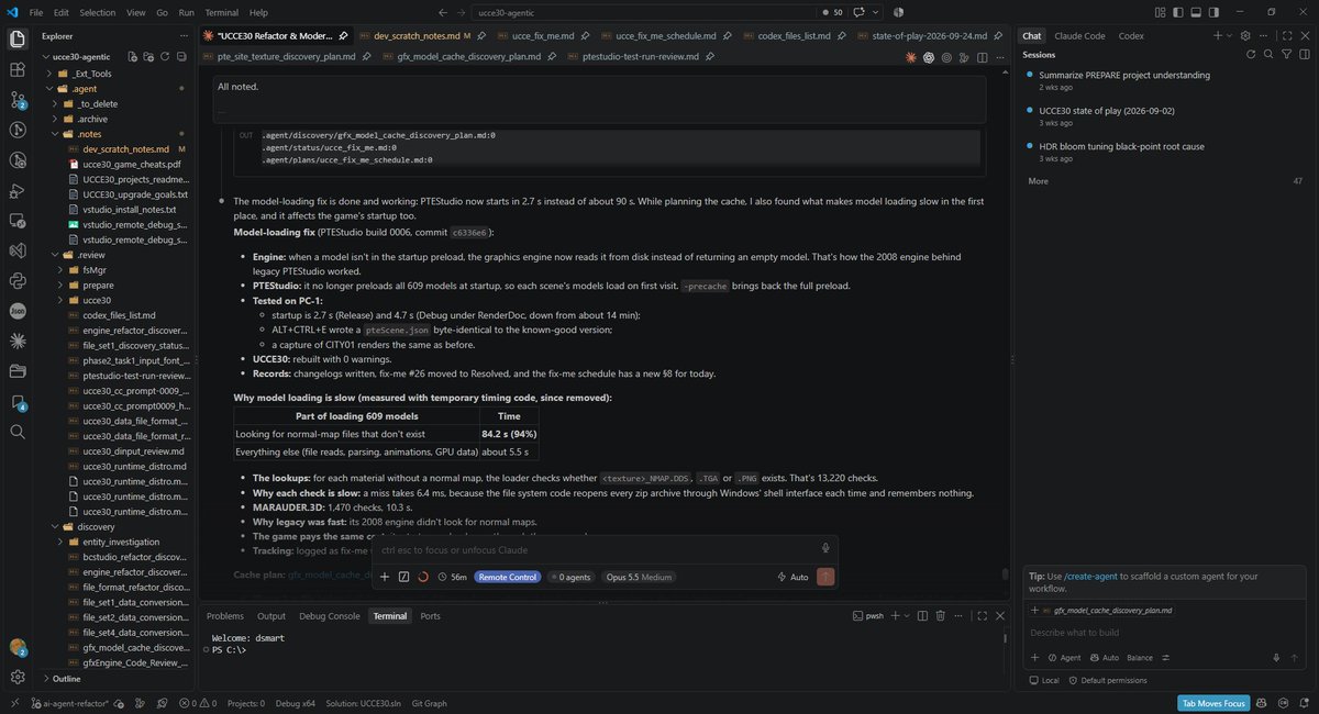 dsmart's tweet photo. Right.

So, the past few months, I have been using @ClaudeDevs to refactor and modernize one of my soon-to-be-released games (UCCE30 aka The Lyrius Conflict), alongside a complete port (from an engine that Microsoft deprecated some years ago) of another [unreleased] game, Line of Defense, which, at about 90% complete, I had put on indefinite hold after deciding that porting to UE was more trouble than it was worth - not to mention the time and costs involved.

It's been an eye-opening experience - to say the least.

As a tier 1 legacy dev who has been around since the curtains went up on game dev, written engines, tools, backends, frontends - even an entire AI language (AILOG) from back in the day when AI wasn't even a buzz word etc, I have come to believe - with uncompromising certainty - that we're all f*cked.

I am over 60 yrs old now, not as dev sharp as I used to be, and now on the cusp of retirement that seems to come up just after I wake up at night in a cold sweat muttering "One last ride..." much to the chagrin of my wife.

AI isn't new to me, neither is tech, so I don't take it lightly when I say this: All the noise and apprehension around AI "killing us", "taking our jobs" etc. aren't to be ignored. It's a real and present danger - for the most part.  AI isn't going to kill you. People with access to AI are going to be the ones to do that; in much the same way that some would opine that "Guns don't kill people, and that people with guns kill people".  I am pretty sure that when cars were invented most people weren't running around clamoring about how many people were going to get killed. Or something like that.

In the past few months since I started using agentic tools for dev work, I haven't written a single line of code that I could call my own. And I didn't even notice. In fact, most of my dev time is spent in code review, reading and approving discovery and plan files, designs etc. - all created by a team (I built my own - more on that later) of agents working 24-7. I end my day, go to sleep, wake up in the morning - and have a slew of agentic code work to review, approve etc.

Even as I write this, an analysis of my legacy code this agentic team has worked on and which I had written over the years, indicates that over 75% of it is gone. Just gone. As in, I can't even diff against them any more without pulling out hairs. When, after writing up your procedures, constraints, tools use etc. you say "Go modernize and refactor this repo. Work autonomously, don't delegate to subagents and don't ping me unless you've blown something up", that's precisely what's going to happen. And with each new update, bar the occasional snafu (Opus 5, I'm looking at you!), they've gotten quite good at it.

One important thing that I did notice is that the same flaws that some of us devs have whereby we tend to overcomplicate simple code - well, AI agents do that too. But in the worse way possible because they have access to a wealth of knowledge that normal humans don't readily have access to.  For example, I would never think of porting my DX9 basic graphics engine to DX11 when I have better things to do and DX9 "just works"; let alone DX12. So, I tasked 2 agents to do it. Those nutters decided that it was better to go from DX9 to DX12 - bypassing DX 11.1 entirely. Then the lead posted a nice, snarky message as it was ploughing through. It went something like : "Removed DX9 and D3DX helpers. FFP removed, all legacy shaders converted and working. Now to run DXVK via RenderDoc to check the DX12 terrain rendering with DX11.1 as fallback."

I didn't even blink. I just chuckled - and kept on scrolling through the output (I work exclusively in VS Code), safe in the thought that 40 years ago, I would have broken out in a cold sweat with the full knowledge that I was about to become obsolete.

They ported a legacy game that I last worked on back in 2010. They did it in 3.8 days. That would normally have taken a single dev at least 9-12 months at 1000x what it cost me in about 4 months of session tokens.

Yes - if you're a game dev (coding, art etc) and turning up your nose at the prospects of what agentic dev work brings to the table, while caving to the whims of a finicky install base who, at any given day have no clue how you pay your bills, you're f*cked. Get on board or quit now and go find another career. You - quite literally - have no choice now.

Go forth and embrace the suck, my dev friends.