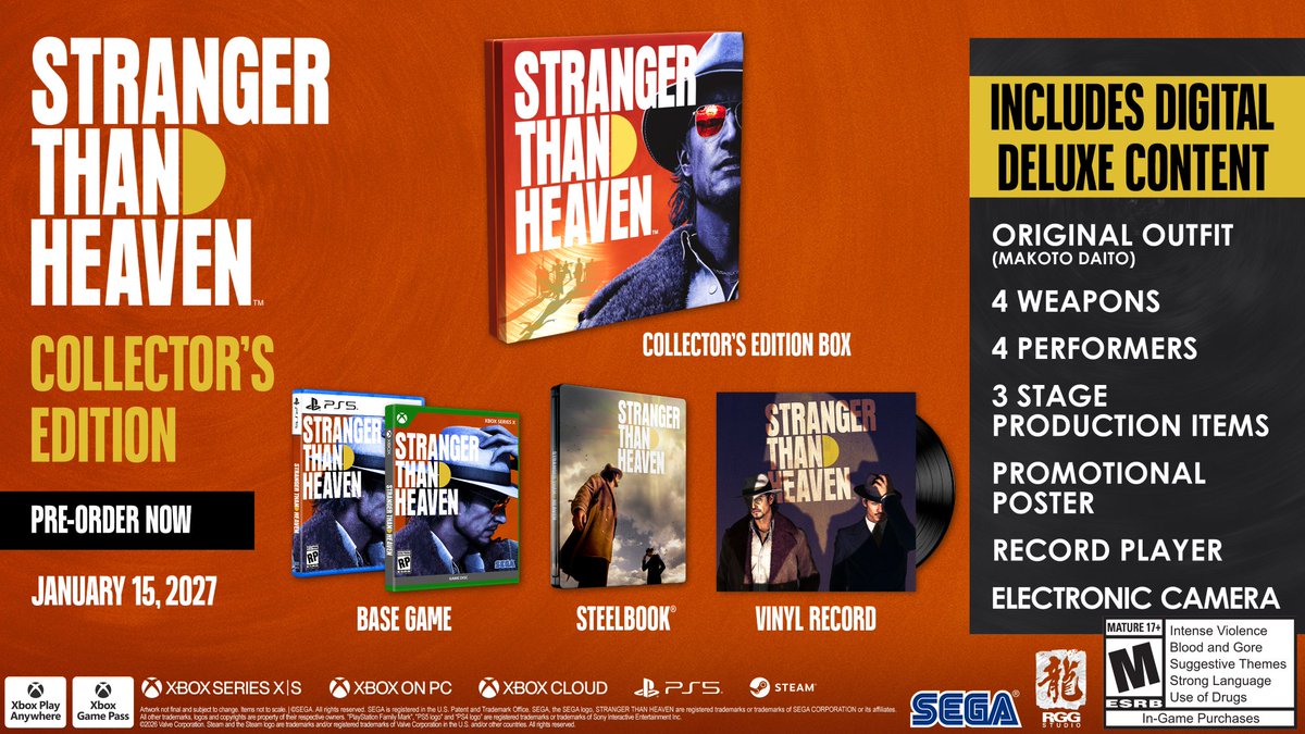 STH_Game's tweet photo. Presenting the STRANGER THAN HEAVEN Collector's Edition 
 
Pre-order for $129.99 (USD) to get a physical copy of the base game (XBOX Series X|S, PlayStation 5), an exclusive 12" vinyl featuring the main theme and original tracks, a SteelBook case featuring exclusive art, a premium collector's box, and Deluxe Upgrade + Pre-Order Bonus DLC.
 
Available at launch on January 15, 2027.