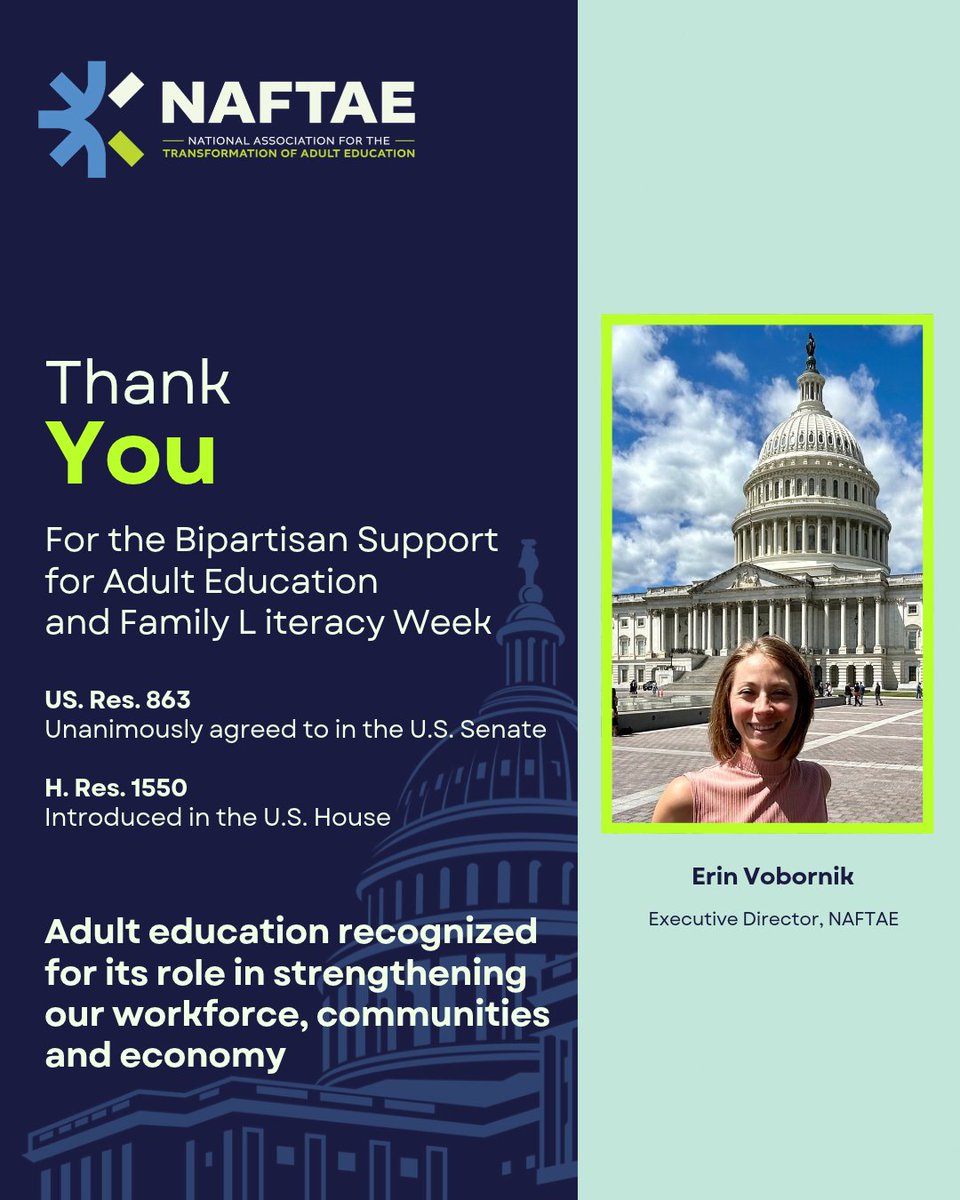 NAFTAE_org's tweet photo. Thank you for supporting the bipartisan resolution designating “National Adult Education and Family Literacy Week!” NAFTAE appreciates your leadership and continued partnership as we work together to support adult learners nationwide! https://t.co/ipfE48Z24W