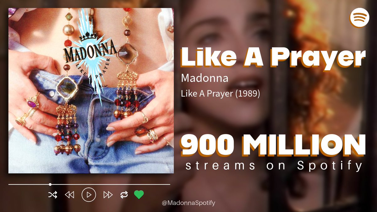 MadonnaSpotify's tweet photo. "𝗟𝗜𝗞𝗘 𝗔 𝗣𝗥𝗔𝗬𝗘𝗥" has surpassed 𝟵𝟬𝟬 𝗠𝗜𝗟𝗟𝗜𝗢𝗡 streams on #Spotify!

- #Madonna's 2nd biggest song overall &amp; biggest solo track;

🔗 https://t.co/aPLXu3NZ3x

#80smusic https://t.co/MWxSUhgf6n