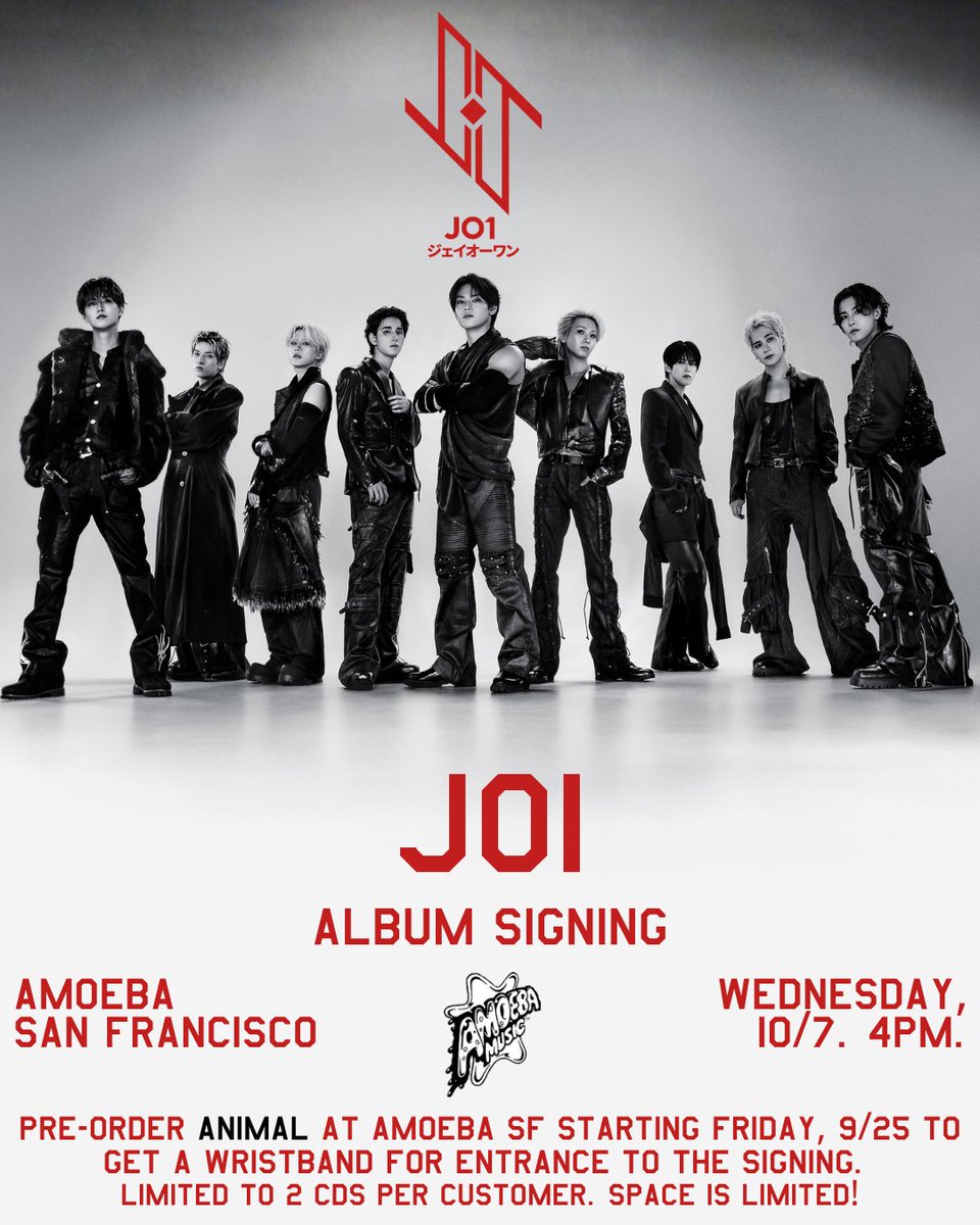 AmoebaSF's tweet photo. Japan's @official_jo1 joins us at Amoeba SF to sign their new EP "Animal" on Weds, 10/7 at 4pm! 
We'll have 2 versions of "Animal" on CD avail for pre-order starting at 11am on Fri, 9/25. Order up to 2 copies to get a wristband for entrance to signing.
ℹ️ https://t.co/rCJfT94NFZ https://t.co/jOeIp1Uple