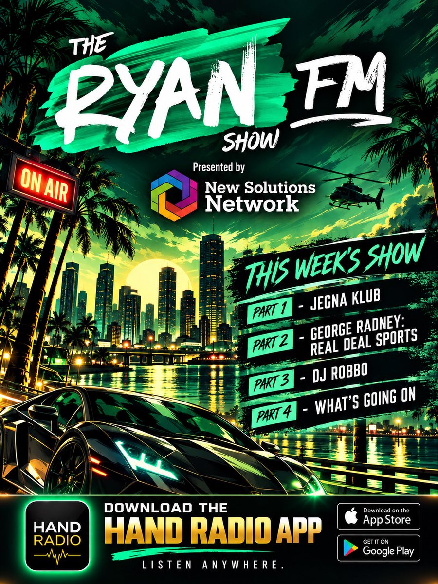 HAND_RADIO's tweet photo. TONIGHT AT 8 PM EST! The Ryan Show FM on HAND RADIO.

Hour 1: Jegna Klub
Hour 2: Real Deal Sports
Hour 3: DJ Robbo
Hour 4: What's Going On

Download the HAND RADIO app on Apple &amp; Android.

#TheRyanShowFM #HANDRadio https://t.co/uqJ8h532hC