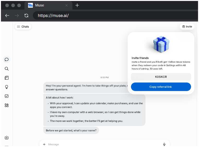 xyzCruzl's tweet photo. Been testing Muse AI lately 👀

It’s basically an AI agent designed to actually do things for you, not just answer prompts.

I’ve got a few invite spots left.

Join through my referral 👇
https://t.co/eGd4W6aIik Code : M9F2XW

🎁 We both get Muse tokens https://t.co/RCPaH50rAt