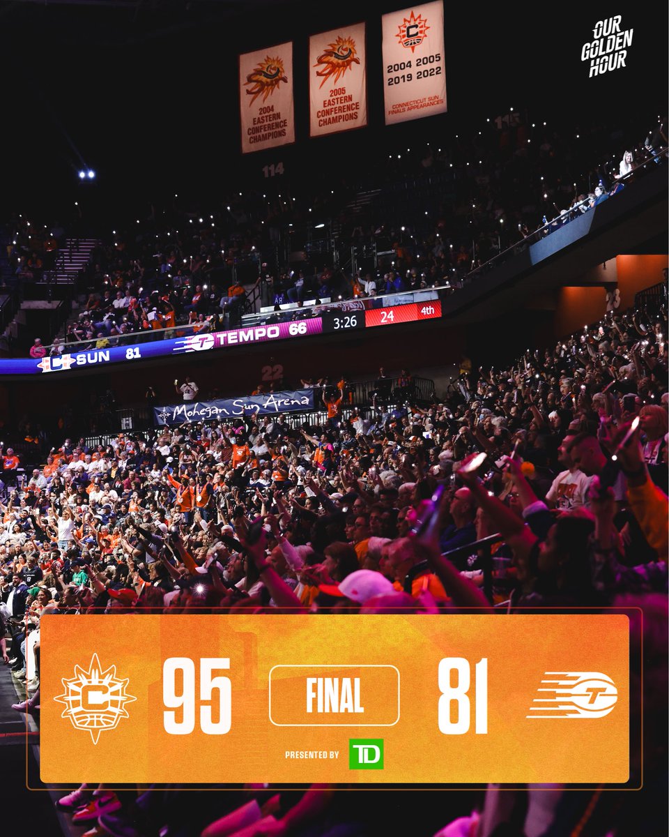 ConnecticutSun's tweet photo. As our sun sets here in Connecticut, we’re grateful to have shared the court with a team whose story is just beginning. 

Thank you, @TempoBasketball . 🫶

#GoldenHour | #CTSun | @TDBank_US https://t.co/Gn16RgaJaV