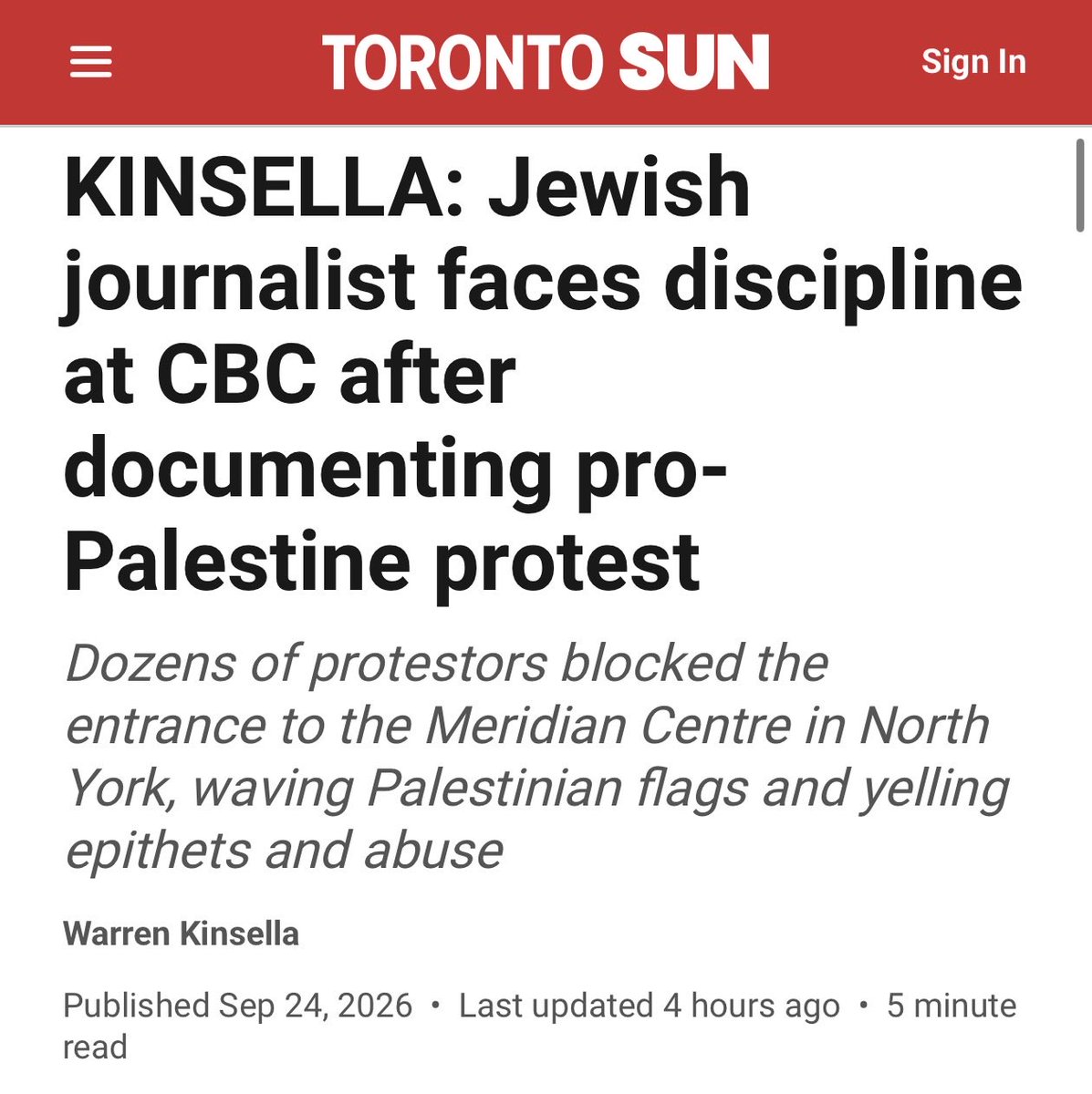 HonestRepCanada's tweet photo. After a Jewish CBC journalist documented anti-Israel activists outside a Yom Kippur service in Toronto, he is now facing discipline from our public broadcaster EVEN THOUGH journalists are explicitly permitted to write about “lived experiences". 

But @CBCNews has no issue with Muslim journalists doing similar, so why is there such a double standard when it comes to Jewish journalists at our public broadcaster?

@kinsellawarren @TheTorontoSun
