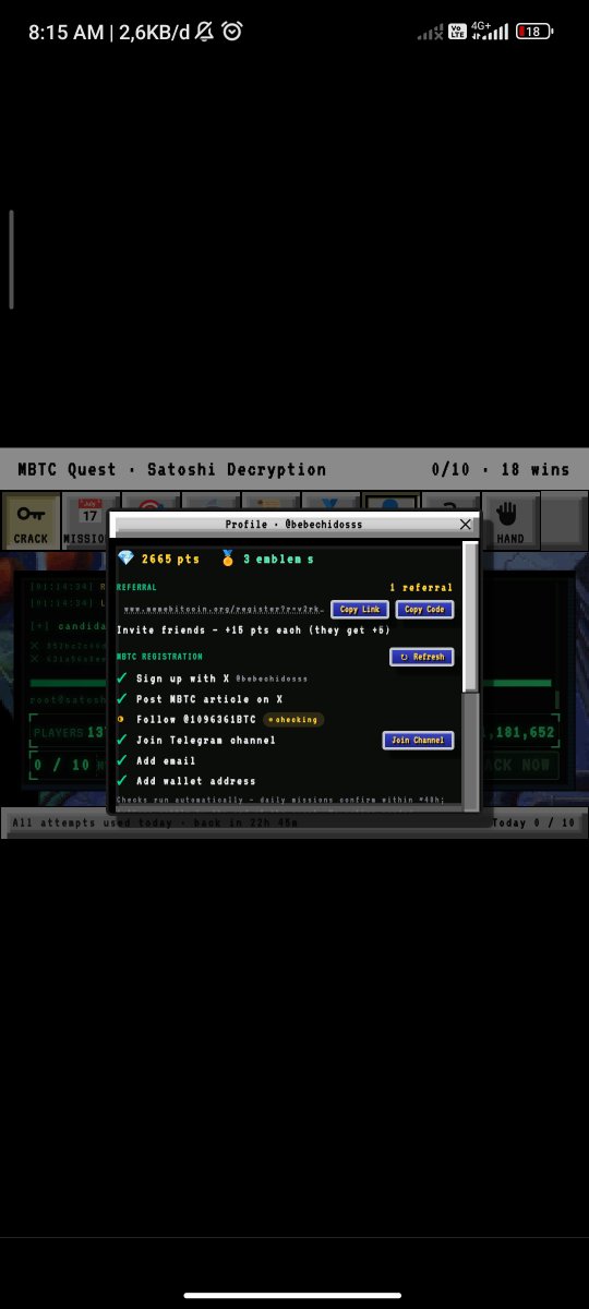 bebechidosss's tweet photo. Satoshi Decryption questing on MBTC is getting super intense today! 🚀 Crack the code, stack those points, and dive deep into the ultimate Web3 mining vibes. Don't sleep on this alpha, join the momentum now! Let's hunt those rewards together! 🔥💎 @1096361BTC https://t.co/1gVvKTsFEH