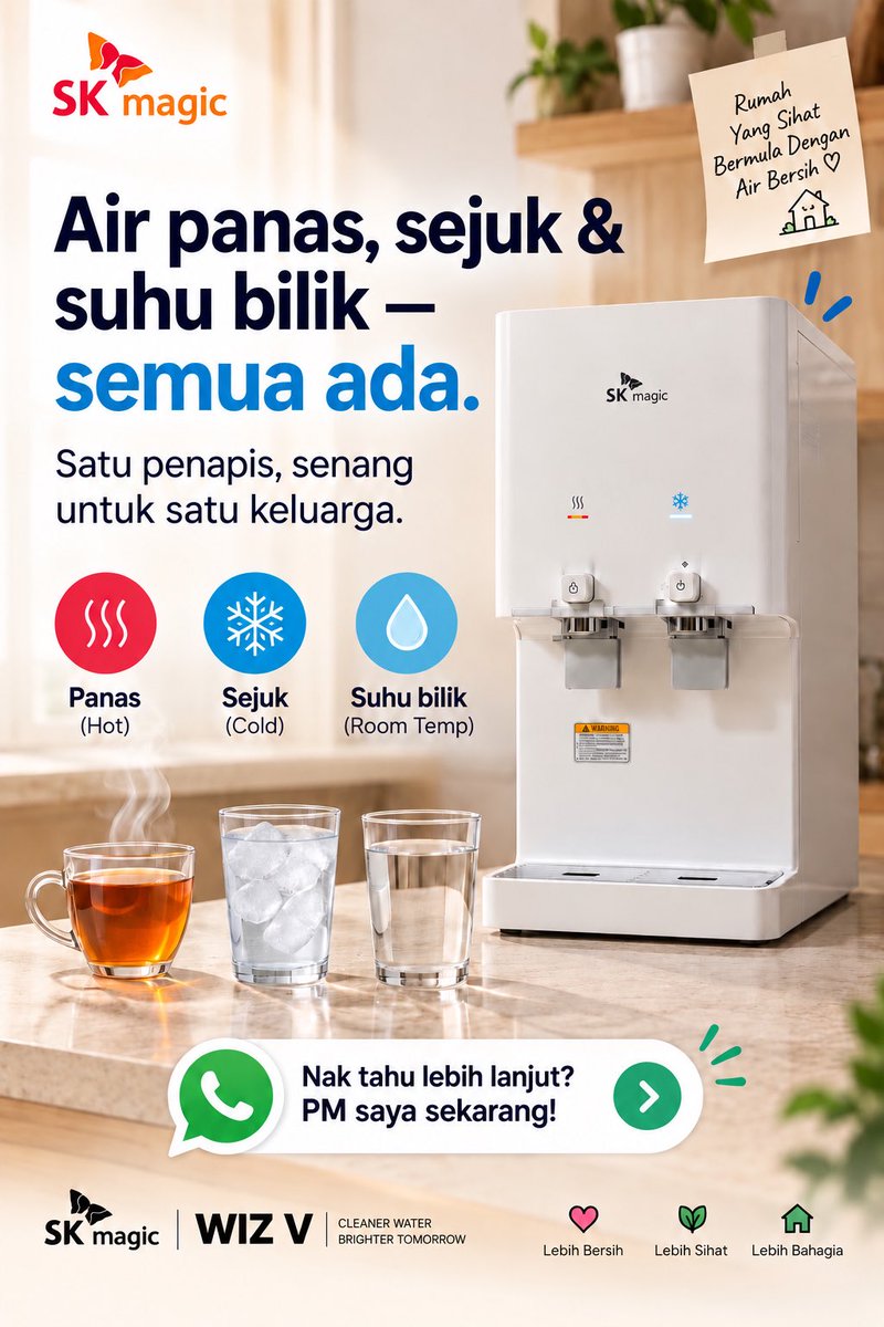 fzra__'s tweet photo. 💧 Air panas, sejuk &amp; suhu bilik — semua ada.

Kalau satu rumah ramai orang, masing-masing ada cara sendiri nak minum air 😆

Ada yang suka panas, ada yang wajib sejuk, ada yang biasa-biasa je.

WIZ V ada 3 pilihan suhu dalam satu unit:
🔥 Hot
❄️ Cold
💧 Room Temp

Pm https://t.co/Ax6pUKk9rT