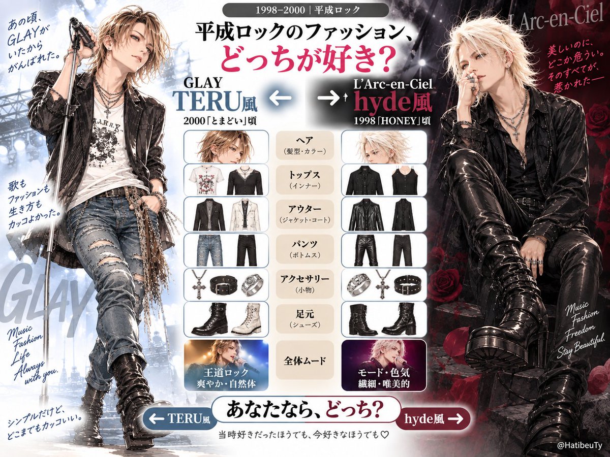 HatibeuTy's tweet photo. 平成ロックのファッション、どっちが好き？

TERU風 ← → hyde風
https://t.co/oYp7yiVo4X https://t.co/GRGLlwyOFc