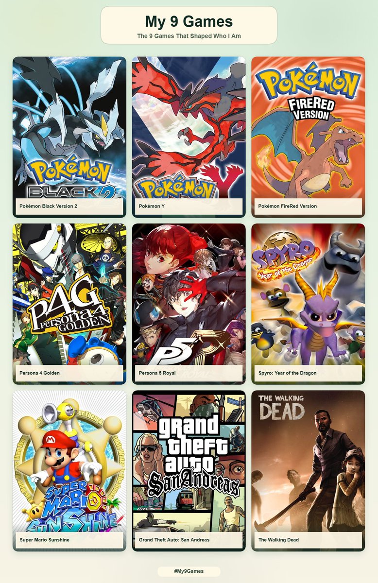 slaterdex's tweet photo. #My9Games

Was considering throwing Persona 3 in there as well but I also wanted to show other games that are important to me / I wanted to have a littttttleee more variety :) https://t.co/NXyaCUGA8T
