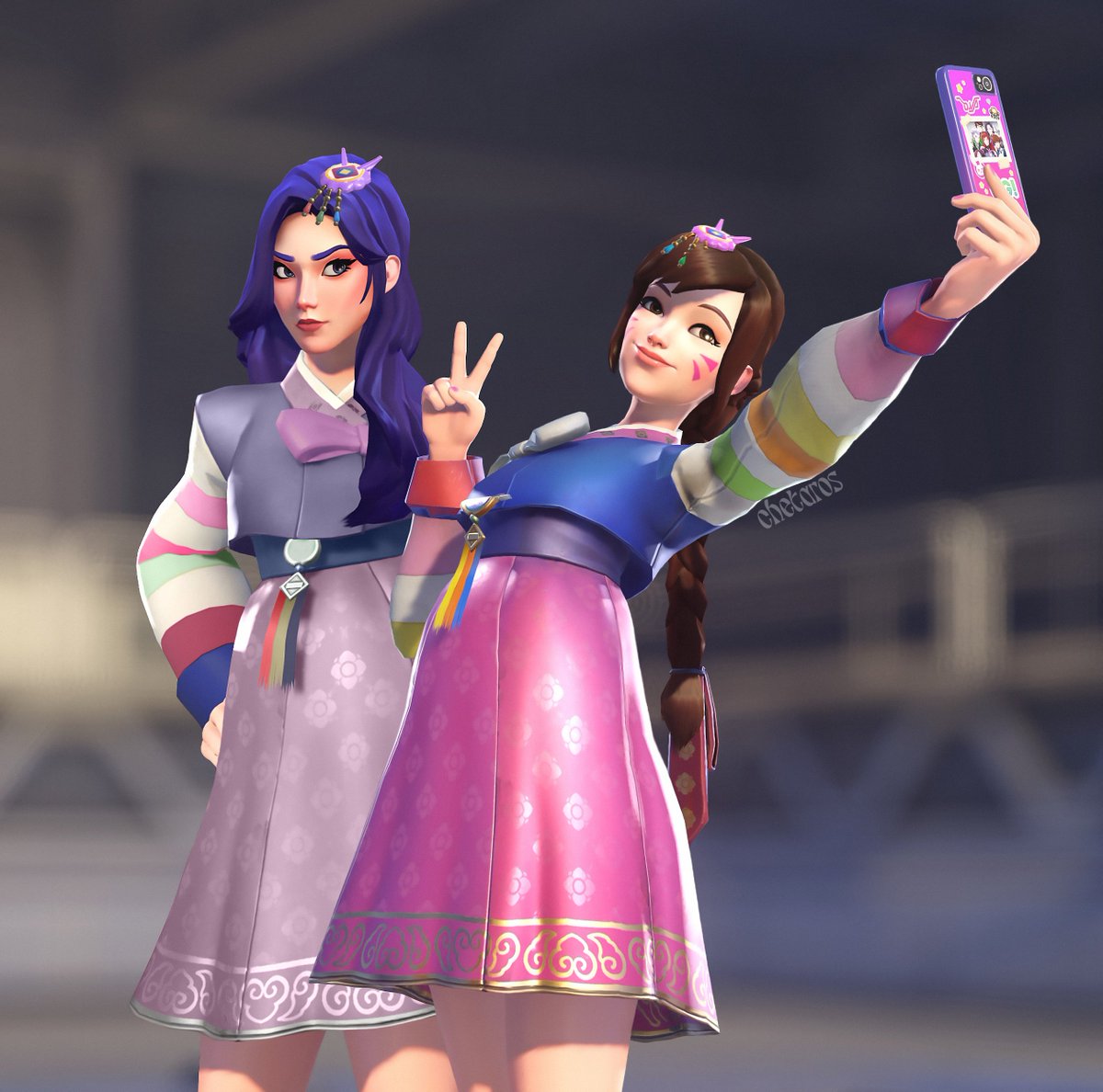 chetarosq's tweet photo. hanbok besties #dmon #dva #dvamon #overwatch https://t.co/ZbqPoD1SVK