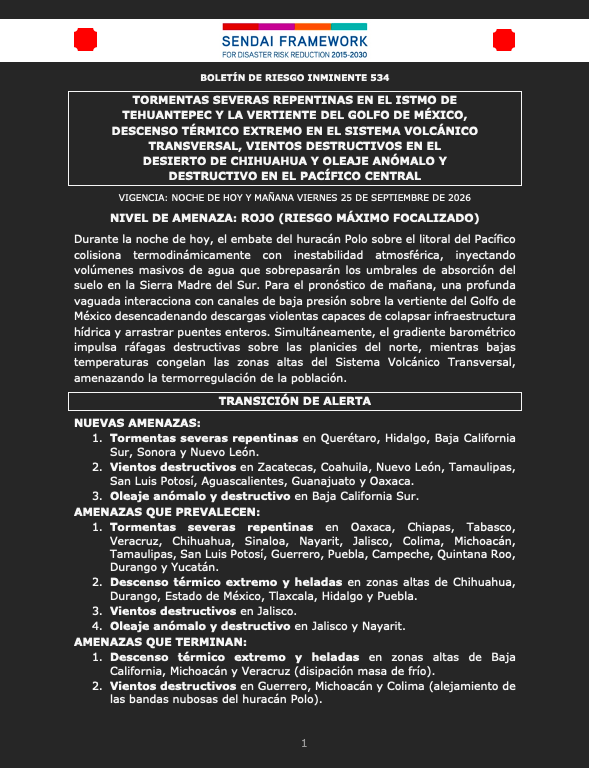 siempreinexorab's tweet photo. Boletín de Riesgo Inminente 534 para México
Nivel de Amenaza: Rojo (riesgo máximo focalizado)
Vigencia: noche de hoy y mañana viernes 25 de septiembre de 2026
Sendai Framework #EW4All - Impact Based Forecast #IBF
@CEPCYGR_GobOax @pcivilchiapas @ProcivilTabasco (hilo) https://t.co/4nirjyBWBJ