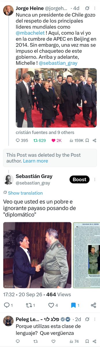 sebastian_gray's tweet photo. @thecliniccl Esto sí que es alucinante: el embajador @peleg_lewi
publicó un mensaje muy ofensivo contra la expresidenta Bachelet, con imágenes, que luego borró cuando lo recriminé. 
Le exijo al embajador que revele el mensaje ofensivo que borró y que se retracte de sus acusaciones infundadas. https://t.co/IFrS3UKv9i