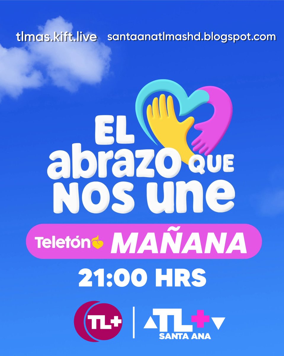 CanalTLMasLA's tweet photo. A partir de mañana nos reuniremos con @VO_TVOnline para la transmisión del evento mas importante del pais como del mundo siendo este la Teletón 💛💙
No te lo pierdas mañana a las 21:00 Hrs en TL+ como en TL+ Santa Ana ❤️ https://t.co/22sS2Lhha3