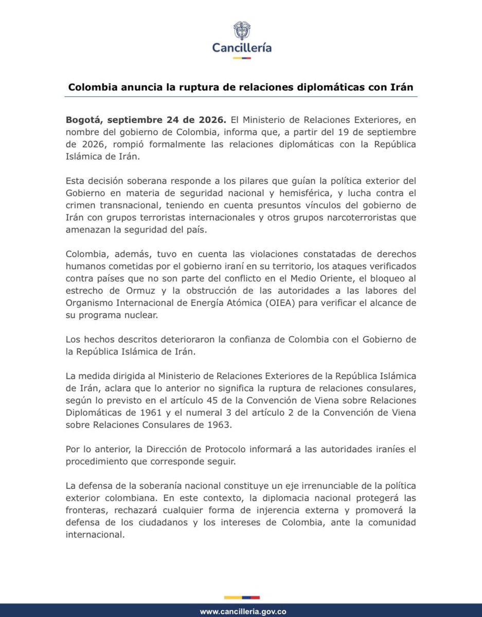 BREAKING: The government of Colombia announced it has officially cut diplomatic ties with the Iranian regime as of September 19. https://t.co/yTBALP75WD
