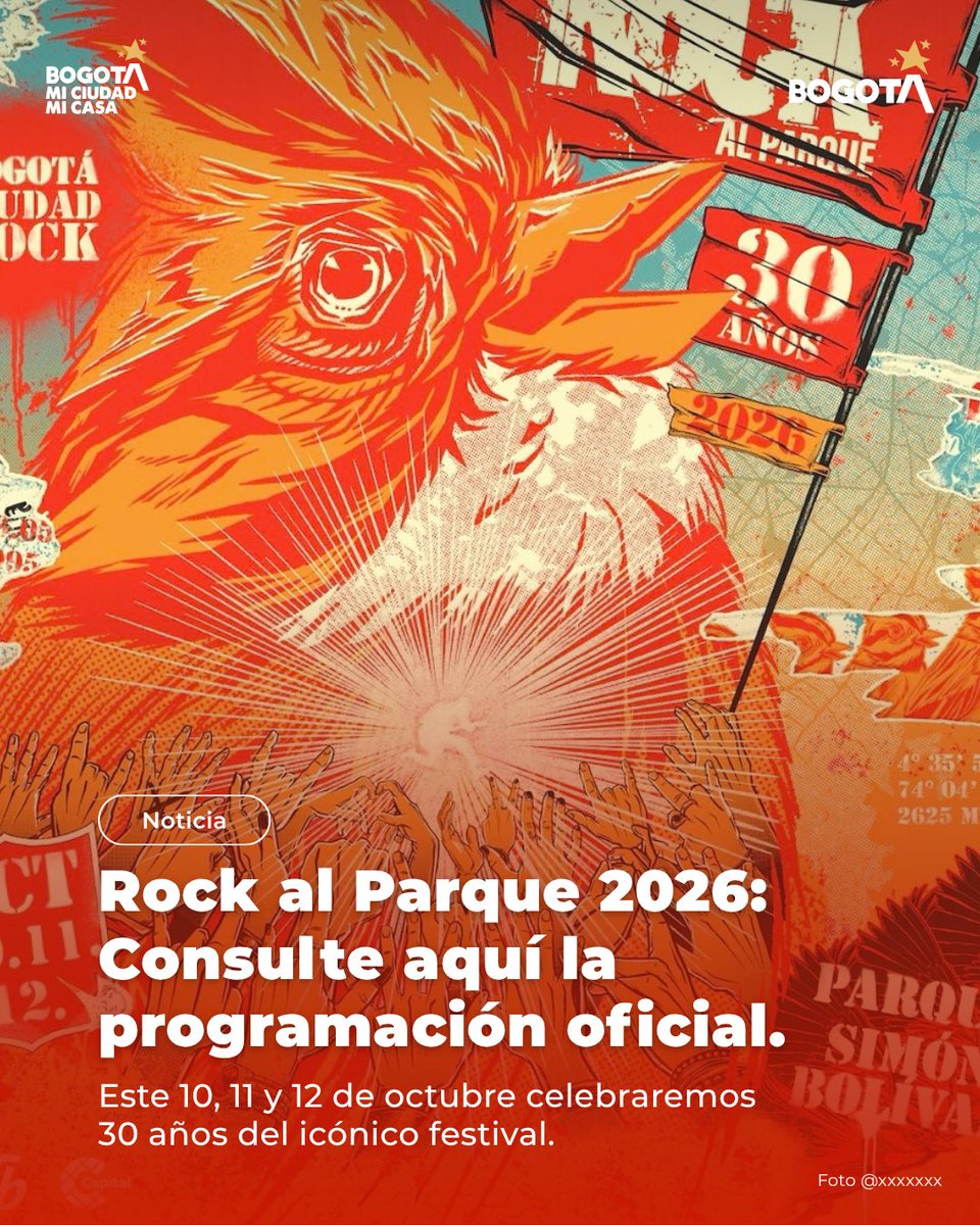 CulturaenBta's tweet photo. 🎸 ¡Ya está la programación por días de #RockAlParque30Años!

El 10, 11 y 12 de octubre, el Parque Simón Bolívar se llena de música para celebrar 30 años de Rock al Parque.

🔥 Mon Laferte, Serú Girán, Apocalyptica, Editors, Ministry, Rata Blanca, Los Bunkers, Bandalos Chinos, Gondwana, Porter, Stratovarius, Tokyo Ska Paradise Orchestra y más de 60 agrupaciones serán parte de esta edición.

🇨🇴 La escena bogotana también tendrá un lugar central con 26 agrupaciones distritales, junto a grandes nombres de la escena nacional e internacional.

Tres días, múltiples generaciones y todos los sonidos que hacen de Rock al Parque una historia que sigue creciendo.

📅 10, 11 y 12 de octubre
📍 Parque Simón Bolívar
💯 Entrada libre.

Revise la programación por días y arme su recorrido. 🤘

🔞 El #EscenarioBBC es exclusivo para mayores de 18 años, por ser una zona de consumo controlado. 

#RockAlParque30Años, Bogotá Ciudad Rock.