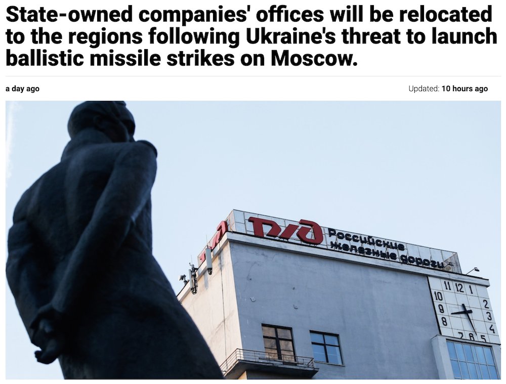 maria_drutska's tweet photo. It is day 1675 of Putin's 3 day special military operation.

Major state-owned companies like Russian Railways, Aeroflot, Rosneft, Russian Post, and Transneft are being moved from Moscow to outlying regions to escape Ukrainian strikes.

@DarthPutinKGB remains a master strategist. https://t.co/pxm4tIEXMM