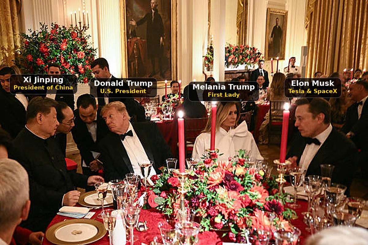 teslaownersSV's tweet photo. Who's who at the White House state dinner for President Xi 🇺🇸🇨🇳

1️⃣ President Xi Jinping, President Donald Trump, First Lady Melania Trump, Elon Musk (Tesla & SpaceX)

2️⃣ Lisa Su (AMD), Daniel Lin, Jensen Huang (Nvidia), Lori Huang, Tim Cook (Apple)

3️⃣ Sam Altman (OpenAI), Mark Zuckerberg (Meta), Jensen Huang (Nvidia), Lori Huang

📸 Brendan Smialowski/AFP via Getty Images
```

In each photo, the names run left to right.