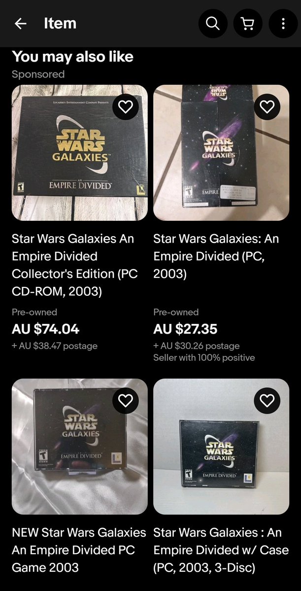 ItsDashStar's tweet photo. To everyone who is lamenting the fact they miss Star Wars Galaxies physical copies. Ebay has em at a pretty affordable price! (Prices in weak Aussie dollariedoos) https://t.co/NV7dRvGy9P