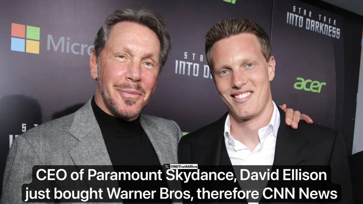 MJTruthUltra's tweet photo. CEO of Paramount Skydance, David Ellison, just made a deal to buy Warner Bros for $110 Billion— in effectively means he will own CNN and their affiliates

David Ellison has historically backed Democrats, including donating nearly $1 million to Joe Biden’s re-election campaign in early 2024.

More recently.. he appeared ringside with President Trump various events.

According to reports, CNN reporters, staffers, and executives are deeply worried, describing the state of affairs at CNN being in a total state of panic.

CNN couldn’t possibly get worse… so we will see