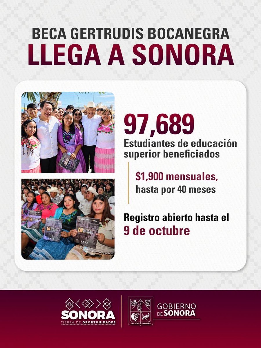 AlfonsoDurazo's tweet photo. La educación abre caminos y transforma vidas.

Con el respaldo de nuestra presidenta @Claudiashein, impulsamos la Beca Gertrudis Bocanegra que beneficiará a 97 mil 689 estudiantes en Sonora.

Regístrate hasta el 9 de octubre.
https://t.co/eqYP4nclVT https://t.co/yUEjAnN0y3