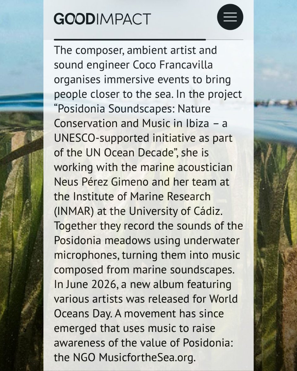 KlangSignals's tweet photo. Mention of https://t.co/2YndWOozCl Coco Francavilla, Neus Pérez Gimeno & @inmar_uca in Germany’s Good Impact with a special edition on the Balearic waters & sea grasses featuring @marcialbardolet 🌊
https://t.co/t7iFOOJEaw
#ocean #oceanconservation #seagrass #posidonia https://t.co/yUi8RSbfKk