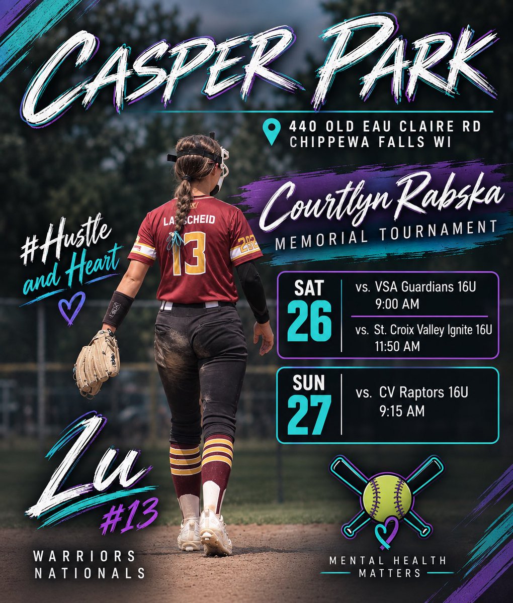 LuLarscheid13's tweet photo. This weekend is more than just softball. We’re coming together to honor and remember our friend Courtlyn, whose life was lost to suicide. I’m grateful to be able to play in her memory and help keep her spirit and story alive through the game she loved. 💜🩵#hustleandheart https://t.co/JlPmuB8PBn
