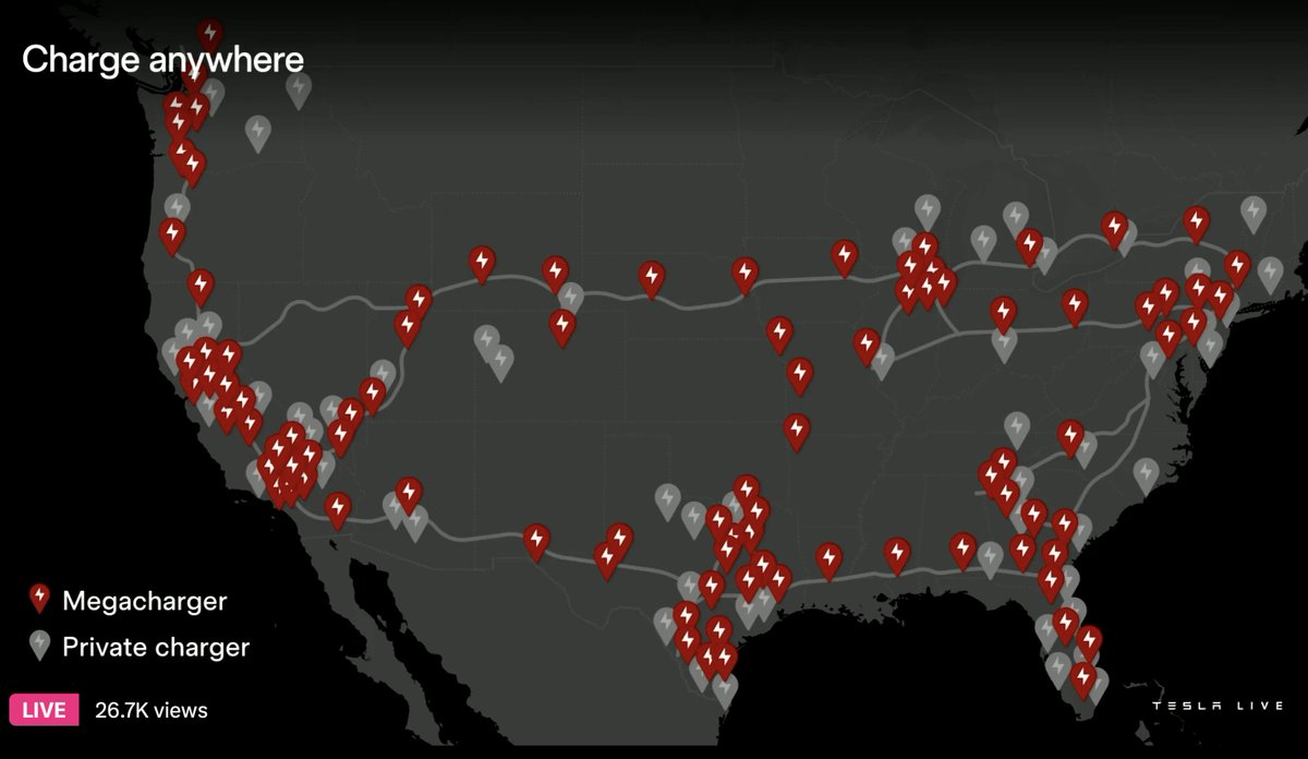 SawyerMerritt's tweet photo. Tesla says that by the end of 2026, they will have over 30 Megacharging station online, representing over 200 Megawatt charging posts to charge the Tesla Semi.

Many private chargers will also be built. https://t.co/ynjRPyyYKg