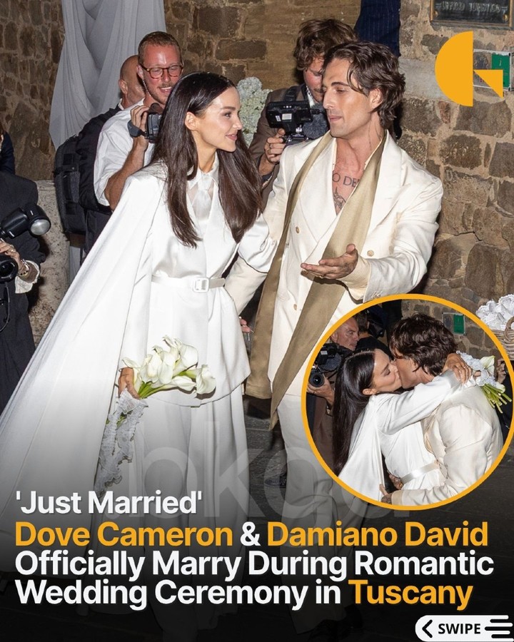 deuxmoifake's tweet photo. Thursday. Let's gossip 💋 
Dove Cameron and Damiano David are officially married! 
The 30-year-old Disney Channel alum and the Måneskin frontman tied the knot Thursday in Montalcino, Italy, surrounded by family and friends. 
📷-Backgrid https://t.co/SwvLl0DlpZ