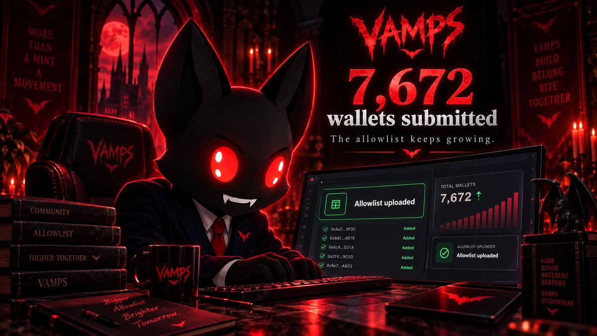 vampsonchain's tweet photo. 7,672 wallets submitted.

Read that again.

Seven thousand six hundred seventy two wallets for a 4,444 supply collection.

The night is growing.
The community is moving.
The art is connecting.
And this is still only the beginning. 

VAMPS are coming.
Ancient 3D creatures of the night.
Free mint.
Robinhood Chain.
Real art. Real momentum. Real community.

If you know, you know.
If you don’t yet  you will.

Different Fits. Same Fangs. 🦇🩸