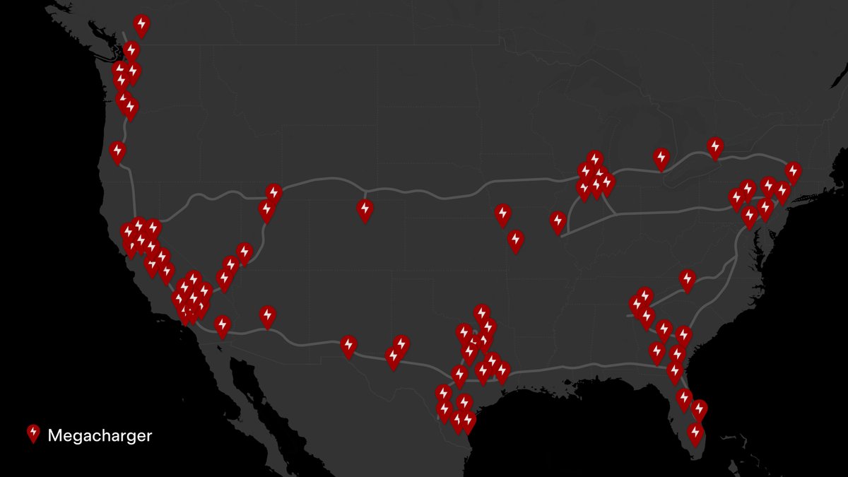 tesla_semi's tweet photo. @cybertruck On a Megacharger, you can regain up to 60% of range back in 30 minutes

Megachargers are deployed along major freight routes https://t.co/3slV7ge06L