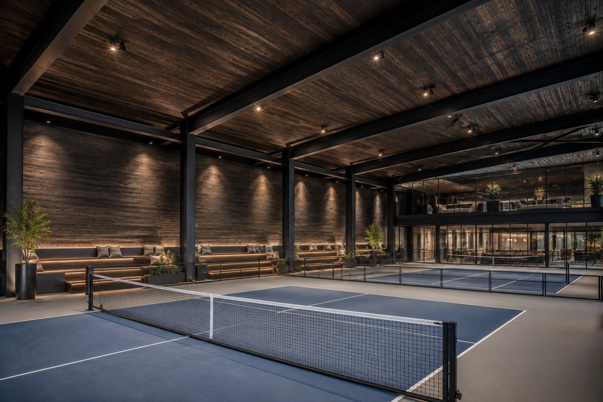 Tilton_Coffered's tweet photo. Pickleball meets elevated design.

Douglas Fir Circle Sawn planks in Blacksmith bring warmth and texture to the ceiling and walls, creating a striking contrast with the club’s black architectural framework.

#Pickleball #WoodCeiling #CommercialDesign https://t.co/Yz2KP9Bzqb