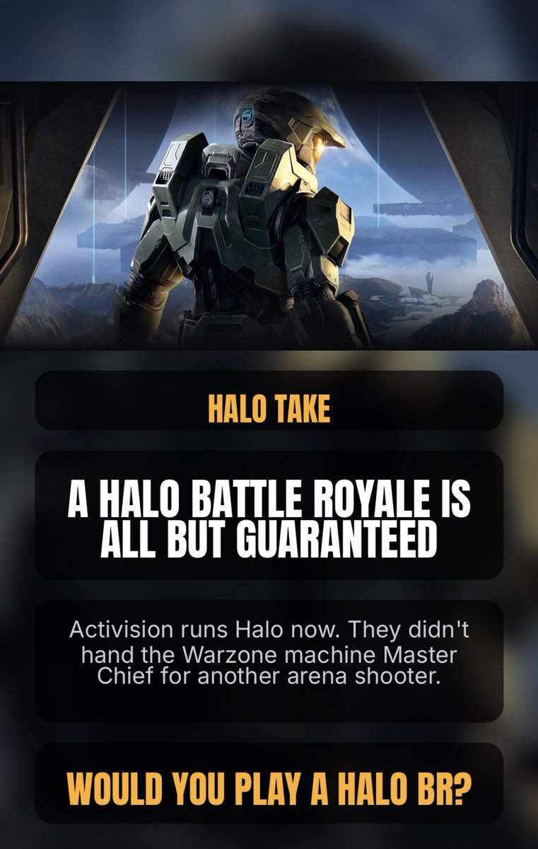 Hypeorbust's tweet photo. With Activision now in charge of Halo, a battle royale mode is all but guaranteed. They didn't hand the Warzone machine Master Chief to make another arena shooter.

Would you play a Halo BR? https://t.co/n61Zq9SOgH