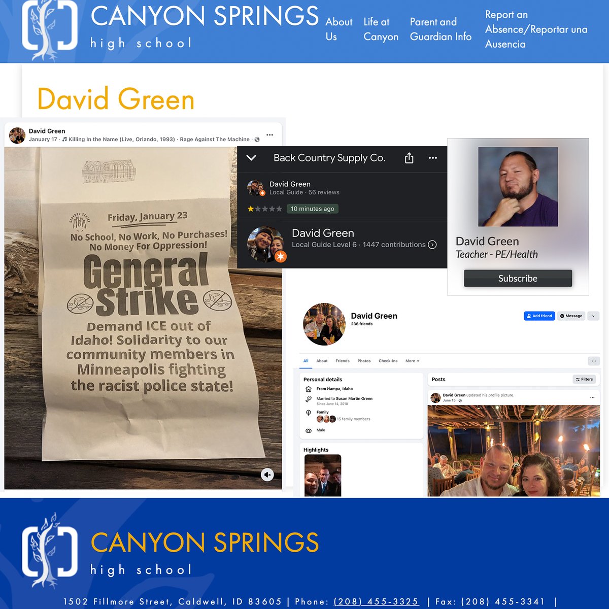 BackCountryID's tweet photo. Local Caldwell, Idaho PE teacher posted an anti-ICE flyer which encouraged students to skip school and called police racist.

Then left a 1-star review on a conservative family business he’s never set foot in, just because he doesn’t like our politics.

This is who is teaching your kids.

Parents should see this. Caldwell School District should explain it.