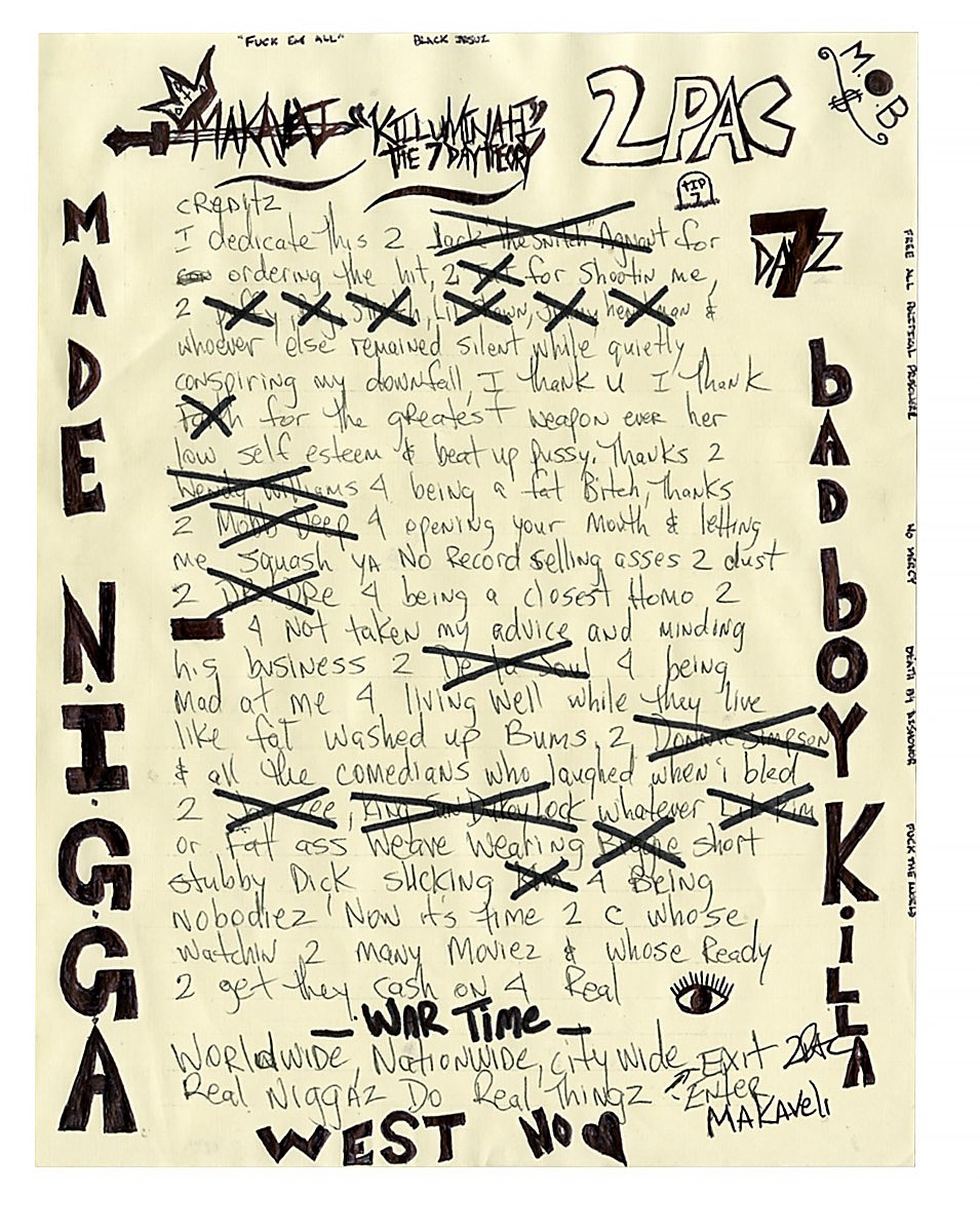 cloutedent's tweet photo. RARE &amp; UNSEEN notes from the making of “Don Killuminati: 7 Day Theory” by 2pac’s alter-ego Makaveli. These notes show the original tracklist of the album, his thank you notes, and him calling out the people who shot him at Quad Studios 2 years before. (1996) https://t.co/BumcekFO9b