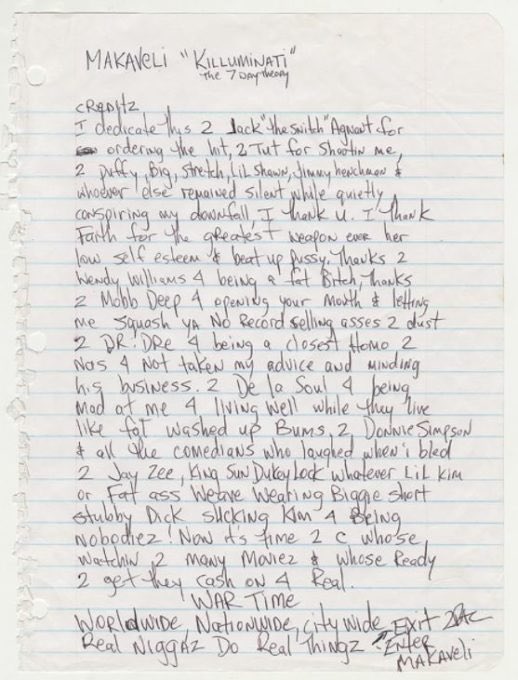 cloutedent's tweet photo. RARE &amp; UNSEEN notes from the making of “Don Killuminati: 7 Day Theory” by 2pac’s alter-ego Makaveli. These notes show the original tracklist of the album, his thank you notes, and him calling out the people who shot him at Quad Studios 2 years before. (1996) https://t.co/BumcekFO9b