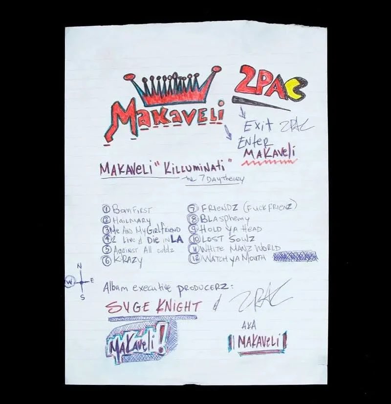cloutedent's tweet photo. RARE &amp; UNSEEN notes from the making of “Don Killuminati: 7 Day Theory” by 2pac’s alter-ego Makaveli. These notes show the original tracklist of the album, his thank you notes, and him calling out the people who shot him at Quad Studios 2 years before. (1996) https://t.co/BumcekFO9b