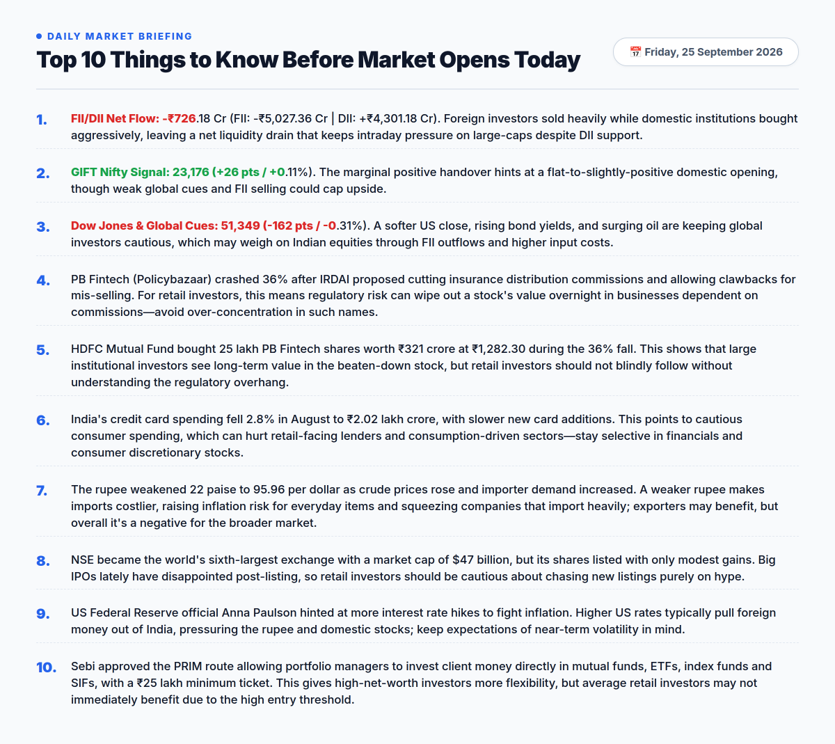 SolomonRaj20's tweet photo. 📊 Top 10 before market opens (25 Sept 2026)

FII outflows, a weak rupee, rising crude and bond yields, and the IRDAI shock to insurance distributors create near-term pr…

Full pre-open briefing in the attached infographic.

#StockMarket #Nifty50 #Sensex #India https://t.co/TkLN8KXvrT
