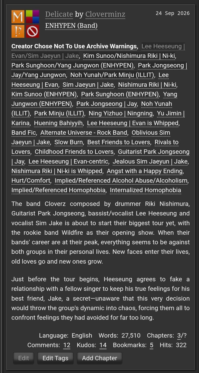 clovemin_'s tweet photo. Delicate | #HeeJake AU.

♧ Side SunKi, SungWon, JayWon.
♧ Band fic.
♧ Hurt/Comfort.
♧ Slow Burn.
♧ English.
https://t.co/X3k5LWSx1D https://t.co/ximXqUEiZl