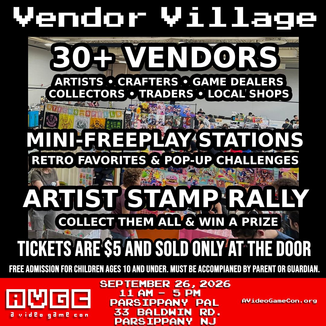 aVideoGameCon's tweet photo. Whether you're hunting for rare finds, shopping indie art, leveling up your collection, or just looking for a great day out with friends, the Vendor Village has plenty to explore. #AVGC #AVideoGameCon #NewJersey #NJ #VendorEvent #ParsippanyNJ https://t.co/B77zcyCxV1
