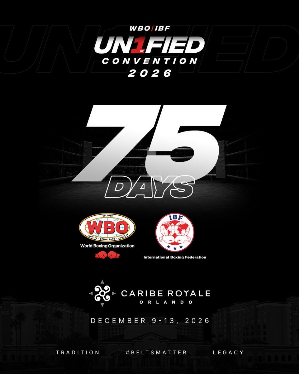 WorldBoxingOrg's tweet photo. 75 DAYS TO GO. 🥊🔥

Tradition meets legacy in Orlando, December 9–13.

#UN1FIED2026 | #BeltsMatter https://t.co/Atwbsh3ln0