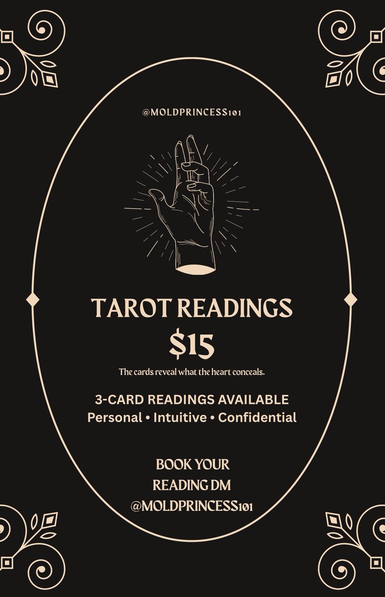 Lilith_unholy's tweet photo. 💫 $15 Tarot Readings
🃏 3-card readings
❤️ Love • 💰 Money • 💼 Career • 🔮 Life Path
DM @MOLDPRINCESS101 on instagram to book your reading.
Ask your question. Let the cards speak. 🕯️
#TarotReading #TarotReader #TarotCards #TarotReadingOnline #LoveTarot #IntuitiveReading https://t.co/BUXqQlkiaP