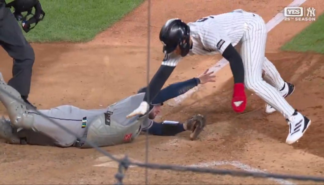 banosd's tweet photo. @TalkinYanks Sucker slide of the year, catcher actually tried to grab him with his bare hand https://t.co/dRzD6lBsXZ