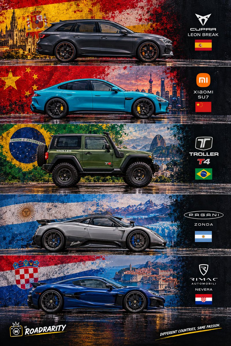 RoadRarity's tweet photo. 5 countries. 5 cars. 1 choice.
Spain 🇪🇸
China 🇨🇳
Brazil 🇧🇷
Argentina 🇦🇷
Croatia 🇭🇷
Which one are you taking?
#RoadRarity #PhotoArt #SuperCar #Car #Auto https://t.co/4zh3Dyvs3r